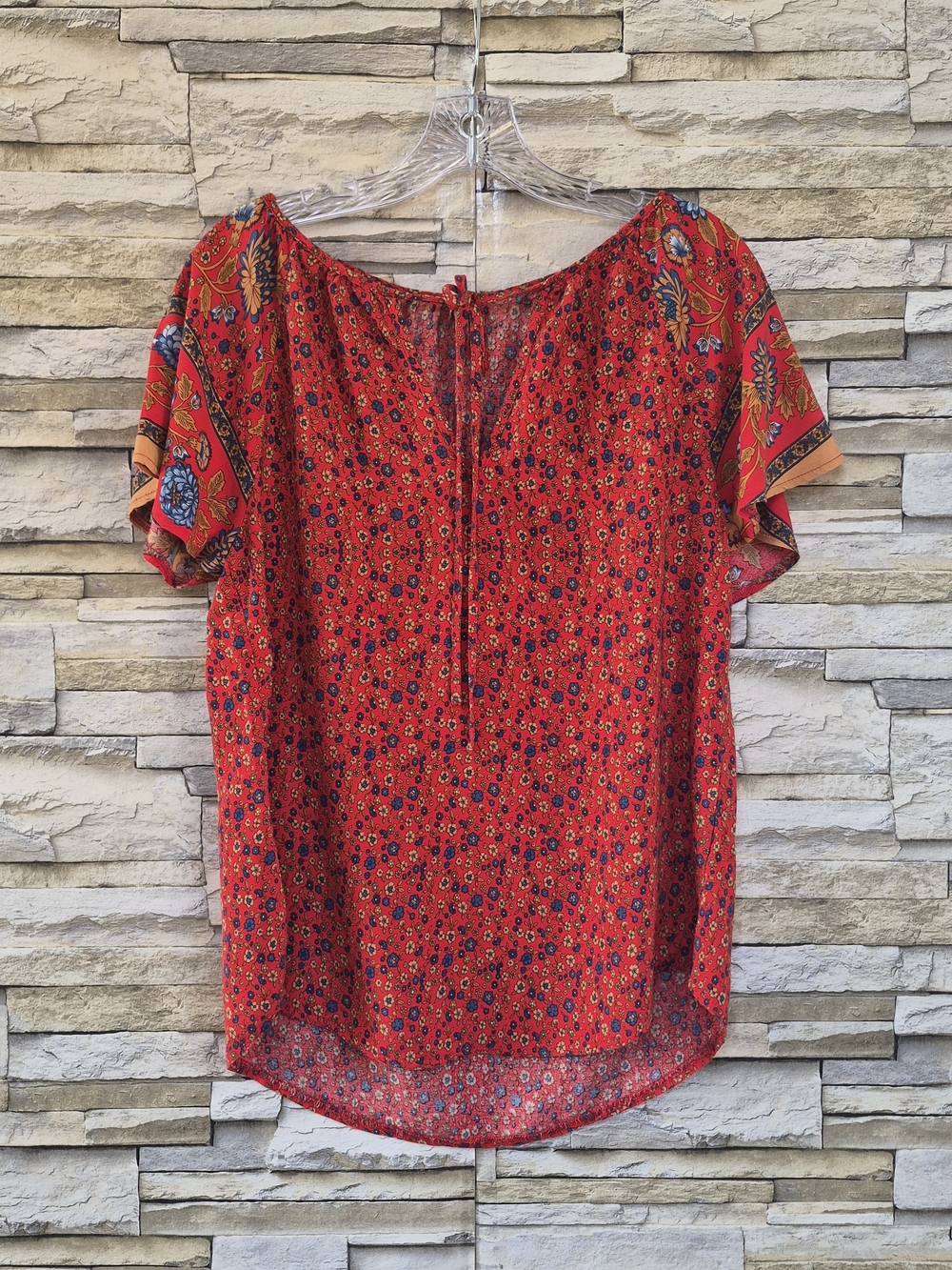 Peasant Top Women's Size S/M Red Boho Floral Paisley Flutter Sleeve Gypsy